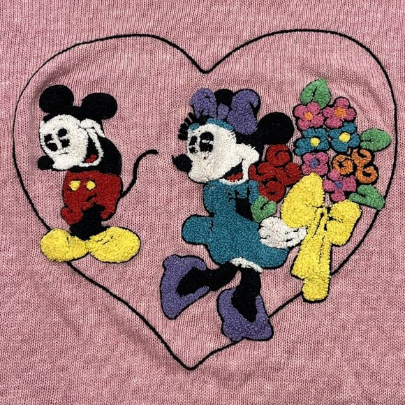 Sunday Comics Sweater M Vintage Mickey Minnie Flowers Short Sleeve Pink Textured - Picture 4 of 9